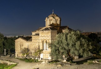 Greek Orthodox Church of the Holy Apostles of Solaki by niight, Ancient Agora of Athens, Greece,