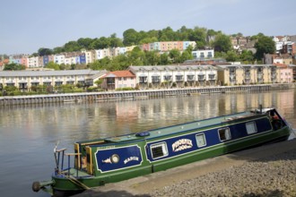 Colourful houses on hillside Clifton, Hotwells, from Floating Harbour, River Avon, Bristol,