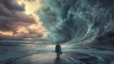 Disheartened businessman standing on the shore in the midst of approaching turbulent crashing waves