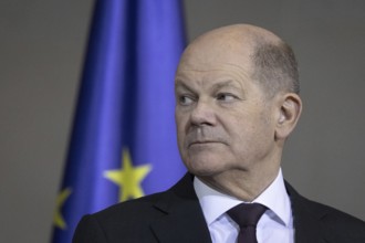 Federal Chancellor Olaf Scholz (SPD) at a press conference in the Federal Chancellery in Berlin, 11