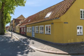 Bogense on the Kattegat, old town, Torvet street with colourful eaves houses, trees, lantern,