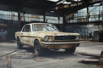 An old, weathered and dusty US-American classic car, wreck, of the type Ford Mustang from the 60s