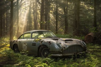 An old, weathered and dusty British vintage car, wreck, of the type Aston Martin DB5 from the 60s