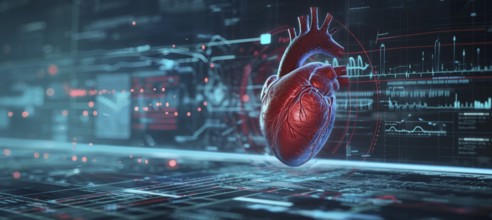 Hearth health cardiology concept with display that shows science research for heart diseases, AI