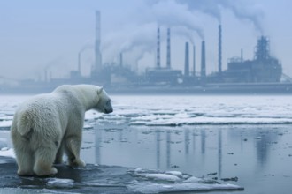 Climate change, global warming and environmental pollution. Polar bear animal extinction, AI