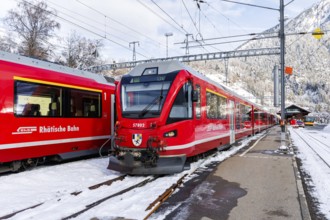 Rhaetian Railway trains on the Albula railway Stadler Rail passenger train at Filisur station,