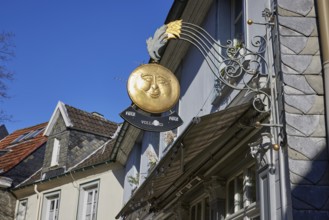 Sign for the Vollmond pub on Rathausplatz in the old town centre of Hattingen, Ennepe-Ruhr