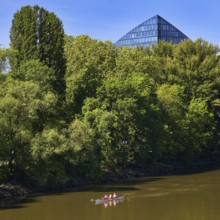 The river Main with a sports boat and the tip of the Main Triangle in Frankfurt-Sachsenhausen,