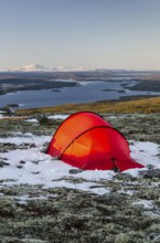 Tent in mountain landscape, Sarek National Park, World Heritage Laponia, Norrbotten, Lapland,