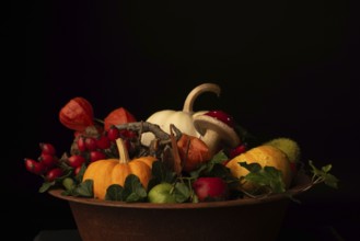 A bowl with pumpkins, rosehips and lantern flowers, autumn decoration, Germany, Europe