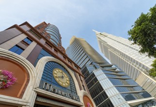 Low-angle view of Melinh Point, Hilton Saigon and Vietcombank Tower buildings, Ho Chi Minh City,