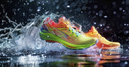 Colorful running shoes in splashes water. Shoes are bright. Water adds sense of energy to scene, AI