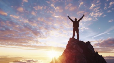 People standing on top of mountain at sunset with raised hands. Concept of achievement and teamwork