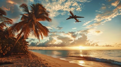 Concept of readiness for travel. Plane flying over sunset beach ocean shore., AI generated