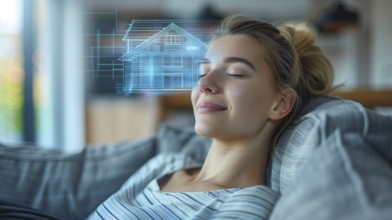 Smiling young woman daydreaming on her couch visualizing a new house. generative AI., AI generated