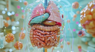 Person internal organs, stomach and intestines anatomy. Gastroenterology concept close up, AI