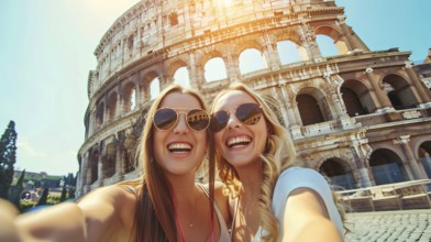 Attractive young smiling happy tourist ladies take selfie in Rome Coliseum in Italy on vacation.,