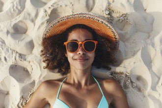 Young happy black woman with summer straw hat, sunglasses and swimwear lying in sand on beach. KI