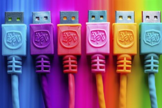 USB plugs lined up in different colours, AI generated, AI generated, AI generated