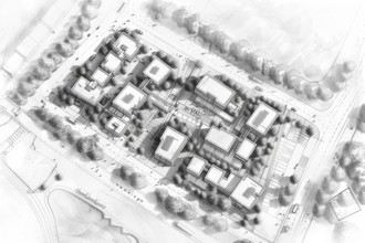 A pencil-drawn site plan, sketch, idea sketch design, architectural design of a modern residential