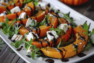 Baked pumpkin slices with rucola lettuce and feta cheese. Generative ai, AI generated