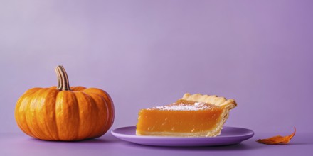 Banner with slice of pumpkin pie with orange pumpkin on purple violet background with copy space.