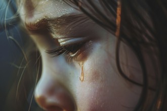 Close up of young gilf child crying tears. Generative Ai, AI generated