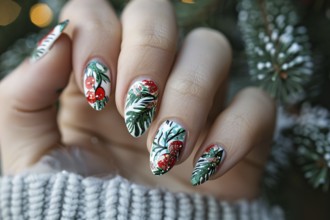 Woman's fingernails with red, green and white colored nail polish with seasonal Christmas design.