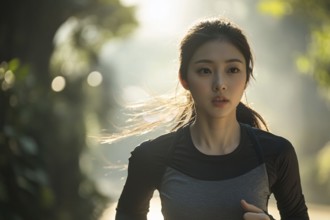 Young Asian woman jogging in nature. Generative Ai, AI generated