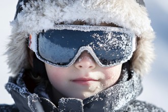 Boy child's face with large skiing sunglasses and hat cobered in snow in winter. Generative Ai, AI