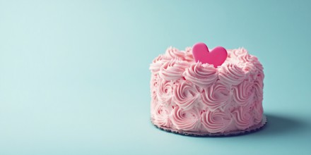 Pink cream cake with heart on pastel blue background with copy space. Generative Ai, AI generated