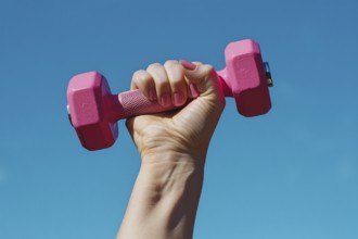 Woman's hand with pink nail polish holding pink dumbbell free weight in front of blue sky.