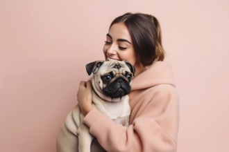 Young woman hugging pug dog. KI generiert, generiert AI generated