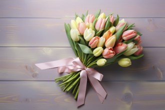 Large bouquet of tulip spring flowers with pink ribbon. KI generiert, generiert AI generated