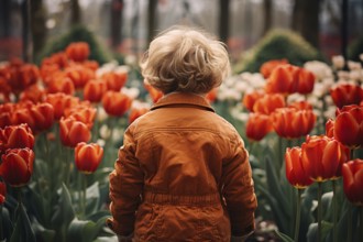 Back view of young child in garden with red tulip flowers. KI generiert, generiert AI generated