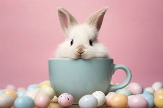 Cute small bunny in blue tea cup with Easter eggs on pink background. KI generiert, generiert AI