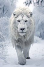 Portrait of a White Male lion in a snowy environment, AI generated