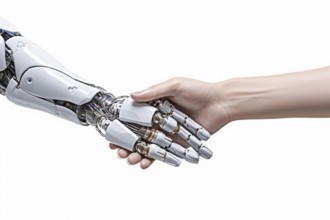 Artificial intelligence android hand and human hand shaking hands. KI generiert, generiert AI