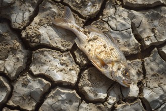 Dead fish on cacked dried up earth. Global warming and water scarcity concept. KI generiert,