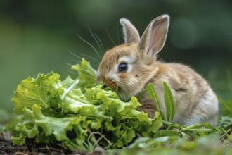 Cute baby rabbit eating salad in garden. KI generiert, generiert, AI generated