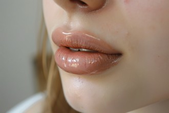 Close up of large plump lips of woman with Hyaluronic acid beauty fillers, KI generiert, generiert,