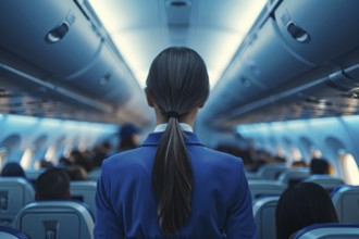 Back view of stewardess in blue uniform in airplane. KI generiert, generiert, AI generated