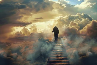 An old man ascends to heaven on a staircase, symbolising death, mourning, the afterlife,