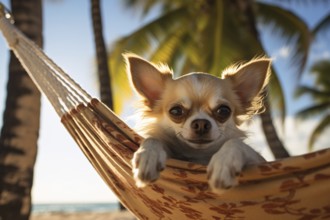 Cute small Chihuahua dog in hammock with tropical beach with palm trees in background. KI