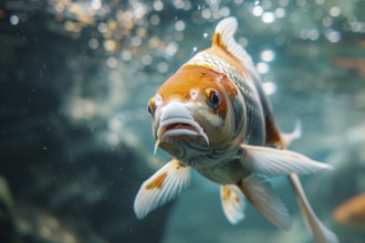 Close up of orange and white Koi carp swimming in water. KI generiert, generiert, AI generated