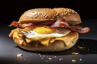 Bagel with bacon and fried egg on dark background. KI generiert, generiert, AI generated