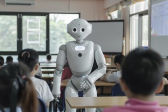 A robot teaches in a classroom, symbolising highly developed communication technology, AI