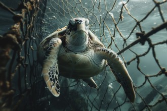 A sea turtle, hawksbill turtle caught in a fishing net, symbolic image for endangered species,