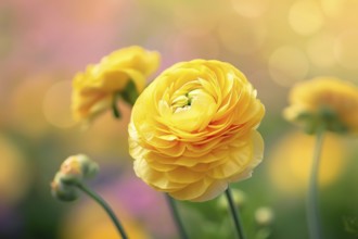 Yellow Ranunculus flowers on blurry background. KI generiert, generiert, AI generated