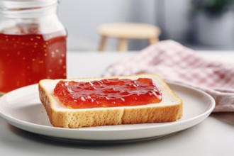 Slice of toast bread with red straberry jam or marmelade. KI generiert, generiert AI generated